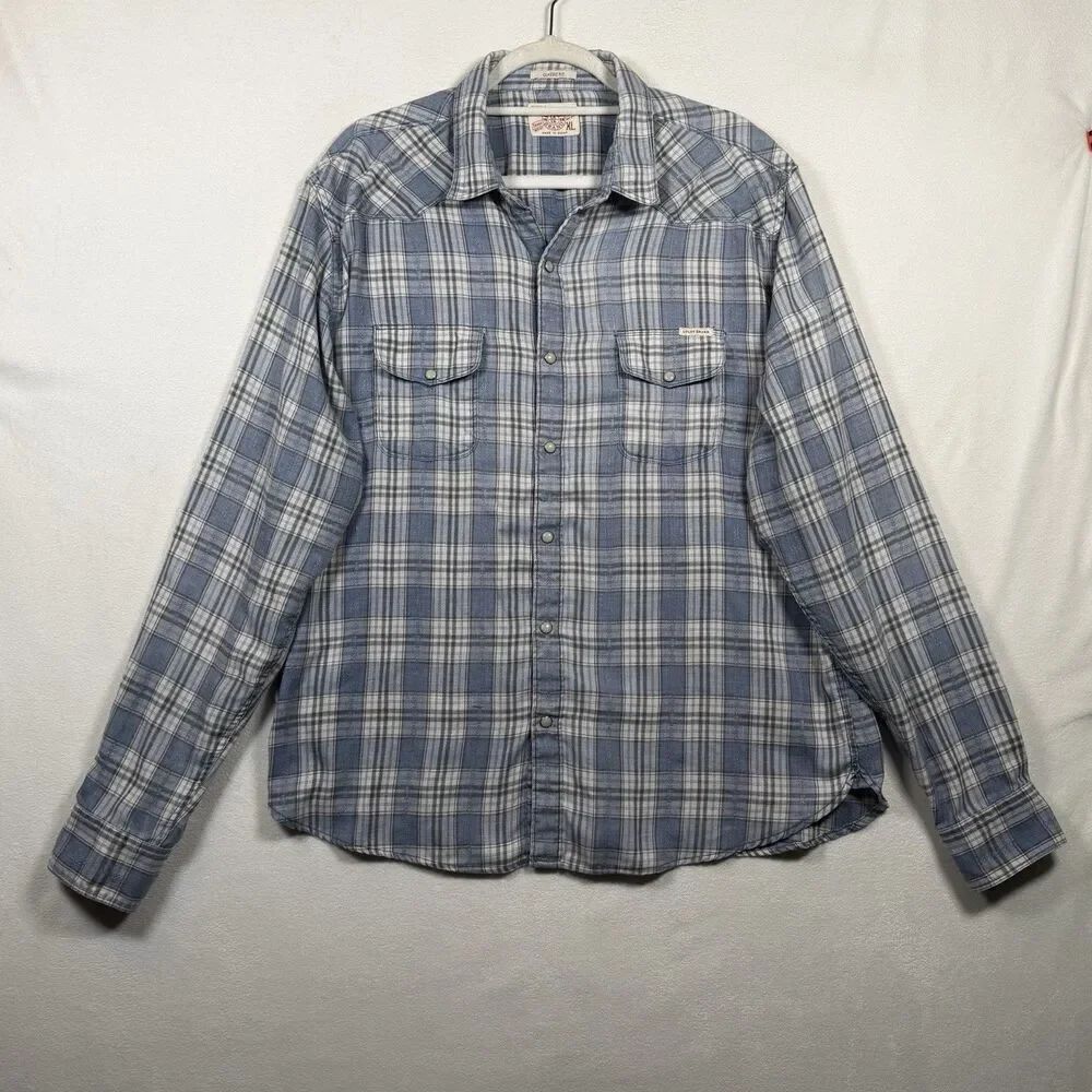 Lucky Brand Western Pearl Snap Shirt XL Blue Plaid Classic Fit Ranch Cowboy